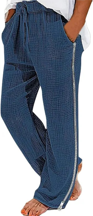 Mens Linen Pants Side Zip Wide Leg Trouser Baggy Lightweight Casual Pants Elastic Waist Drawstring Lounge Pants