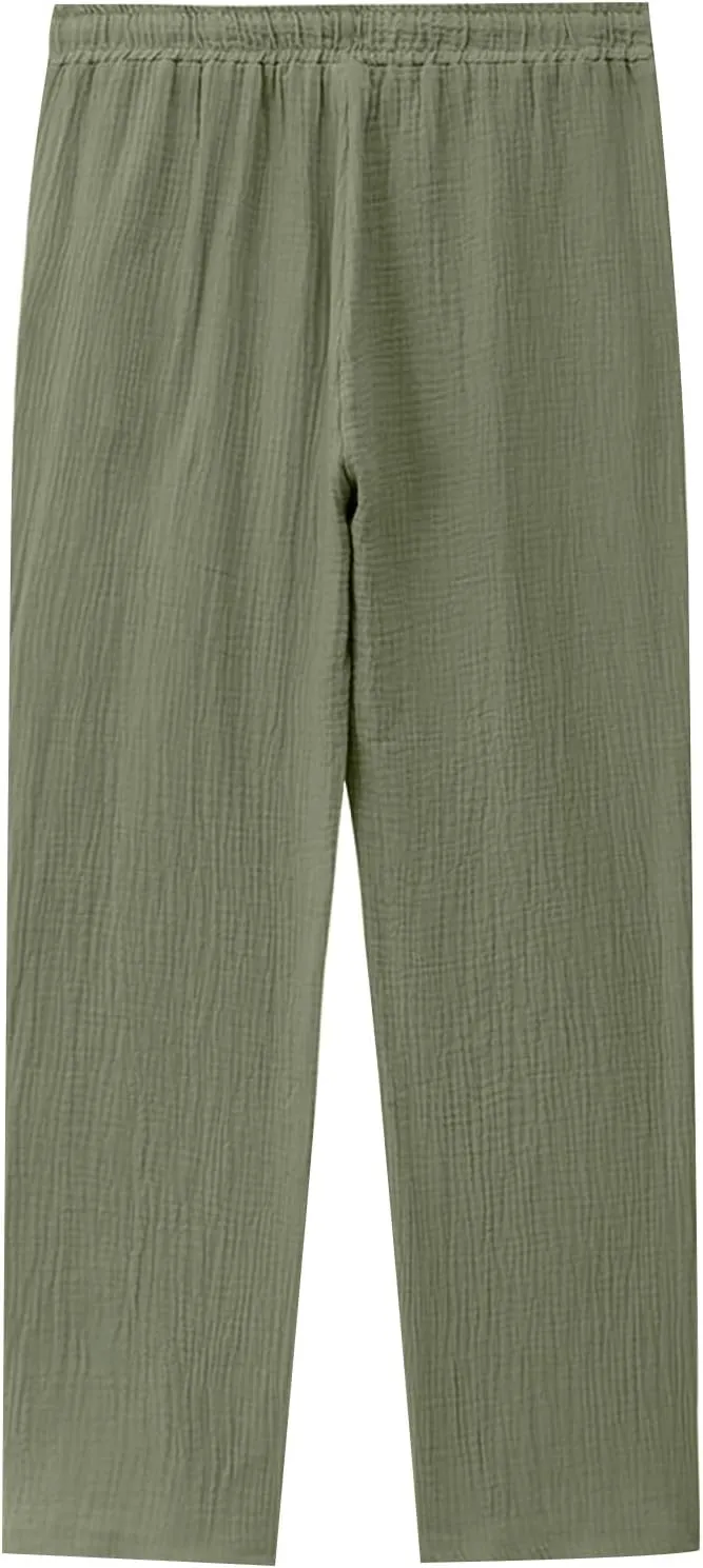 Mens Linen Pants Side Zip Wide Leg Trouser Baggy Lightweight Casual Pants Elastic Waist Drawstring Lounge Pants