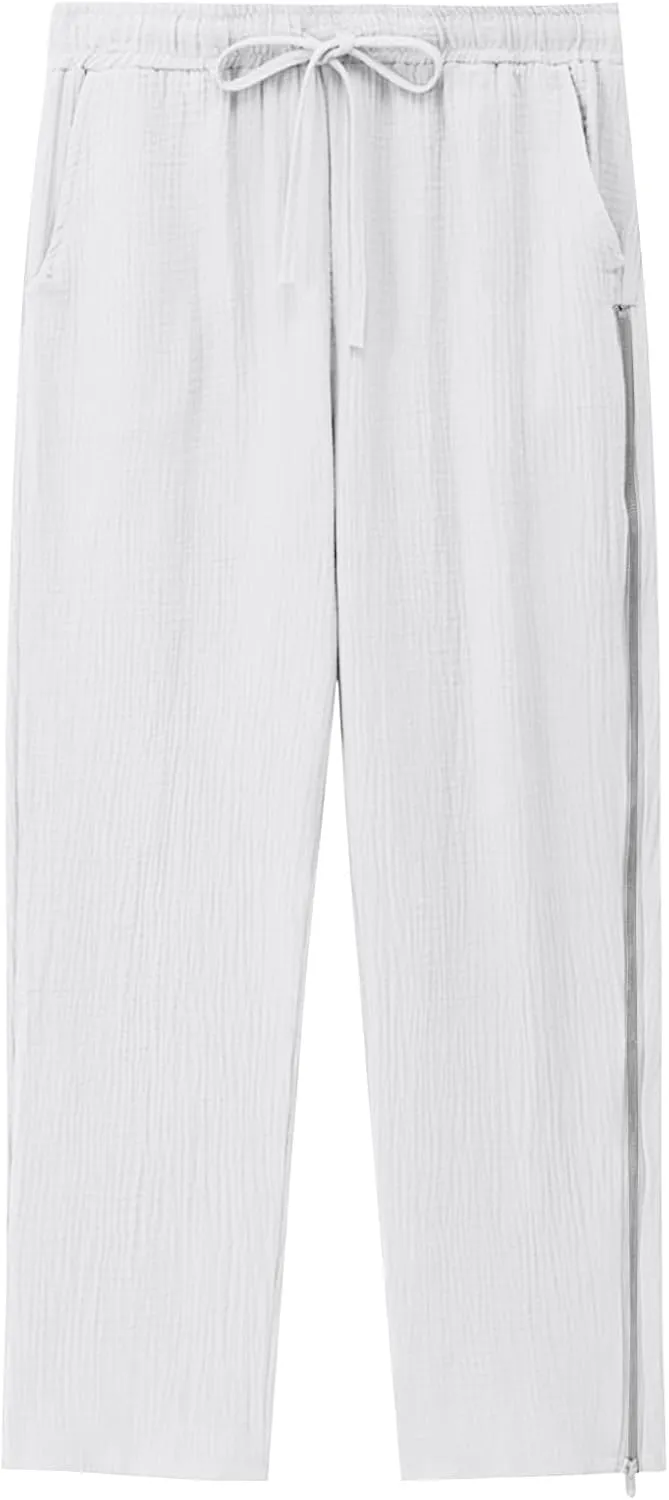 Mens Linen Pants Side Zip Wide Leg Trouser Baggy Lightweight Casual Pants Elastic Waist Drawstring Lounge Pants