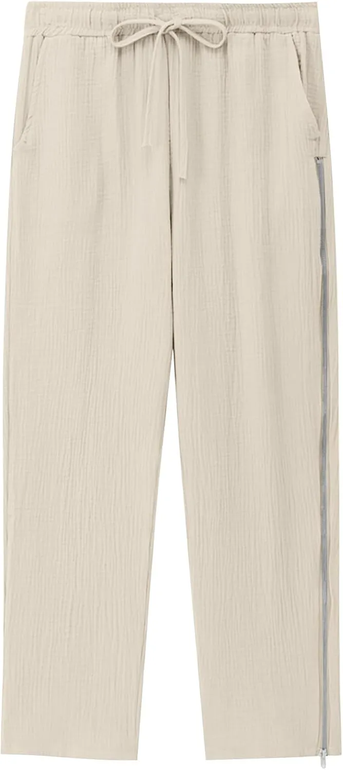 Mens Linen Pants Side Zip Wide Leg Trouser Baggy Lightweight Casual Pants Elastic Waist Drawstring Lounge Pants