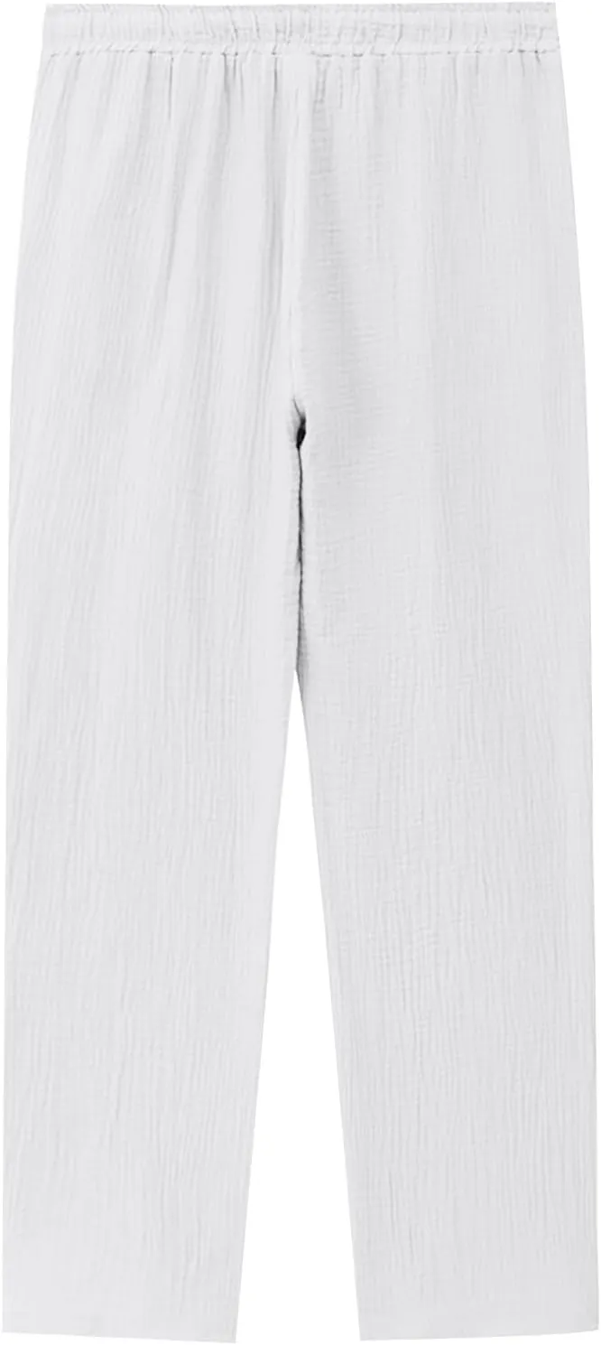 Mens Linen Pants Side Zip Wide Leg Trouser Baggy Lightweight Casual Pants Elastic Waist Drawstring Lounge Pants