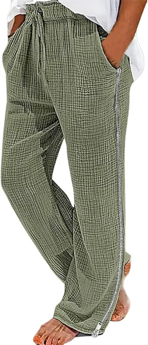 Mens Linen Pants Side Zip Wide Leg Trouser Baggy Lightweight Casual Pants Elastic Waist Drawstring Lounge Pants