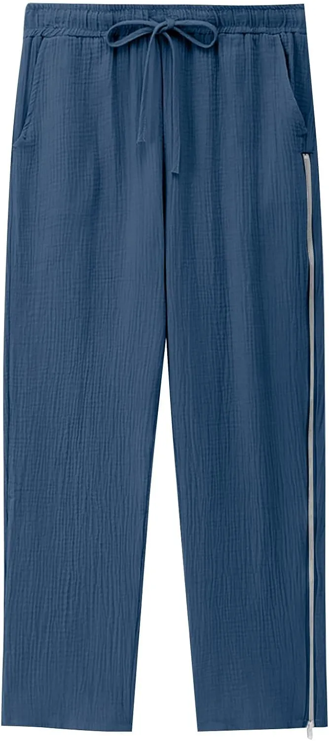 Mens Linen Pants Side Zip Wide Leg Trouser Baggy Lightweight Casual Pants Elastic Waist Drawstring Lounge Pants