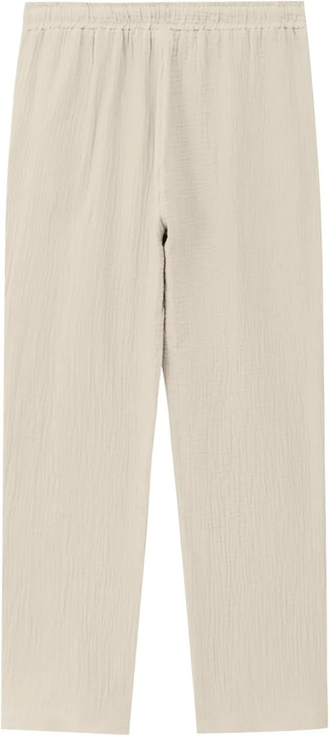 Mens Linen Pants Side Zip Wide Leg Trouser Baggy Lightweight Casual Pants Elastic Waist Drawstring Lounge Pants
