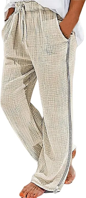 Mens Linen Pants Side Zip Wide Leg Trouser Baggy Lightweight Casual Pants Elastic Waist Drawstring Lounge Pants