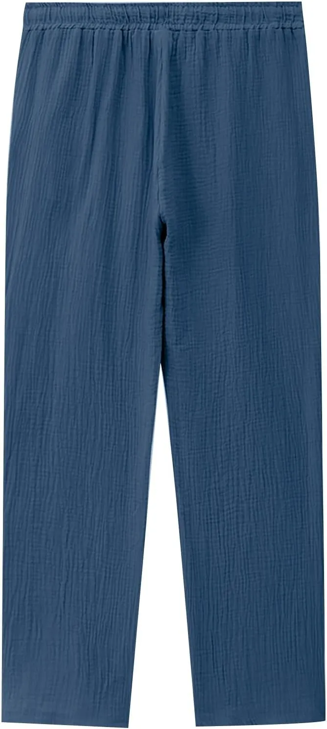Mens Linen Pants Side Zip Wide Leg Trouser Baggy Lightweight Casual Pants Elastic Waist Drawstring Lounge Pants