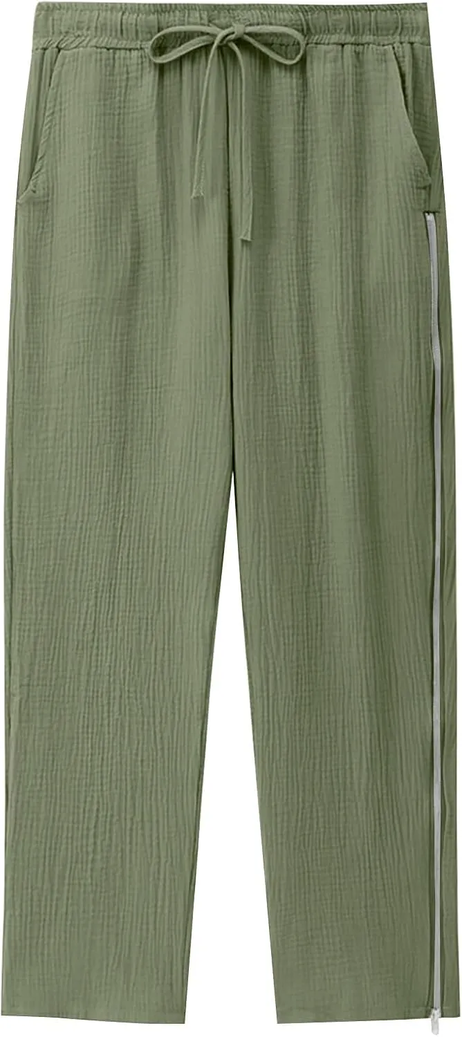 Mens Linen Pants Side Zip Wide Leg Trouser Baggy Lightweight Casual Pants Elastic Waist Drawstring Lounge Pants