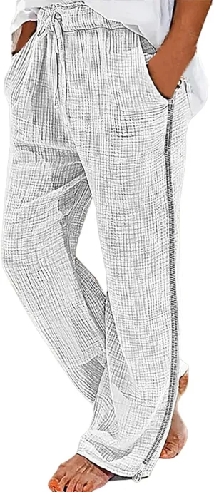 Mens Linen Pants Side Zip Wide Leg Trouser Baggy Lightweight Casual Pants Elastic Waist Drawstring Lounge Pants