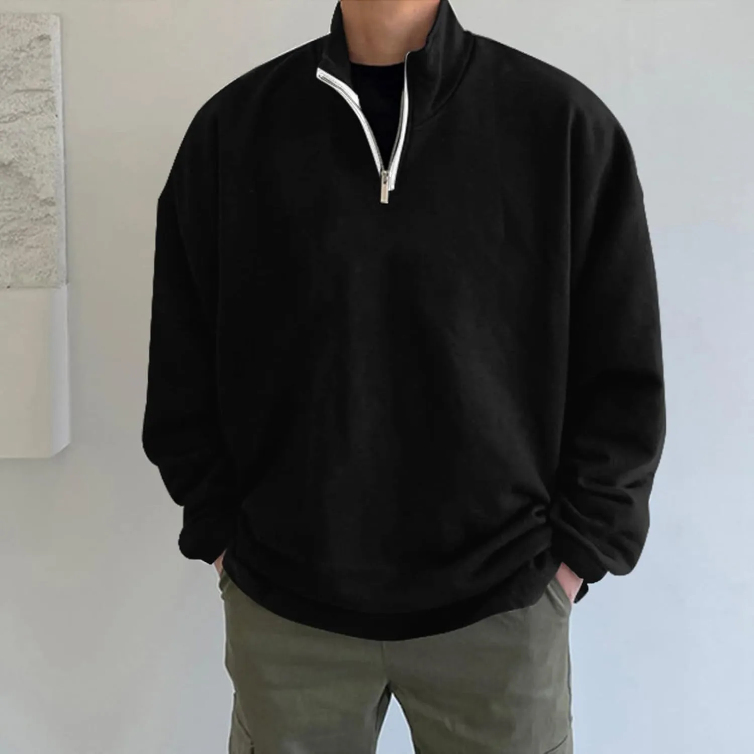 Men's Long-Sleeved Quarter-Zip Sweatshirt Lightweight Breathable Walking Hiking Regular Fit Stand Collar Pullover Jumper