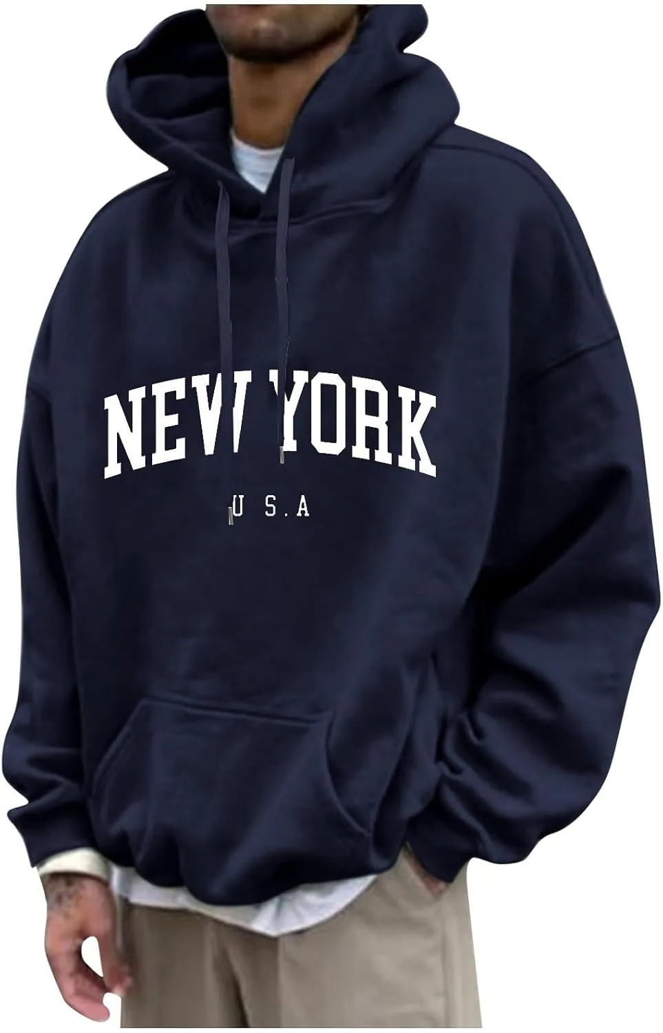 Men's Oversized Pullover Letter Print Graphic Hoodies Long Sleeve Casual New York Sweatshirt with Pocket