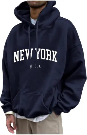 Men's Oversized Pullover Letter Print Graphic Hoodies Long Sleeve Casual New York Sweatshirt with Pocket