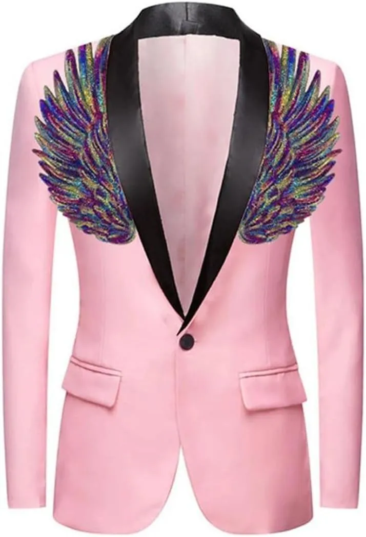 Mens Pink Wing Sequin Tuxedo Blazer Jacket Collar Slim Fit Suit Blazer Wedding Party Prom Singer Costumes