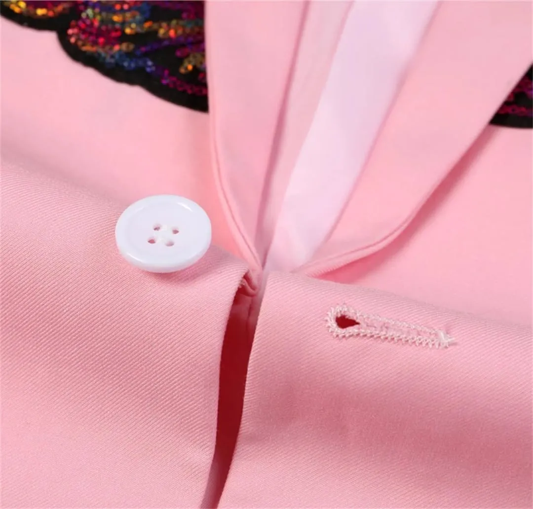 Mens Pink Wing Sequin Tuxedo Blazer Jacket Collar Slim Fit Suit Blazer Wedding Party Prom Singer Costumes