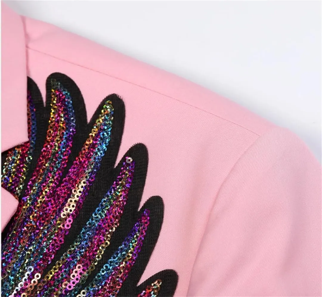 Mens Pink Wing Sequin Tuxedo Blazer Jacket Collar Slim Fit Suit Blazer Wedding Party Prom Singer Costumes