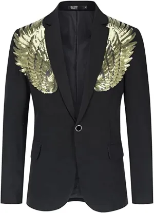 Mens Pink Wing Sequin Tuxedo Blazer Jacket Collar Slim Fit Suit Blazer Wedding Party Prom Singer Costumes