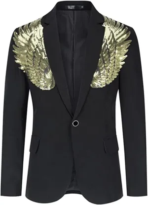 Mens Pink Wing Sequin Tuxedo Blazer Jacket One Button Shawl Collar Slim Fit Suit Blazer