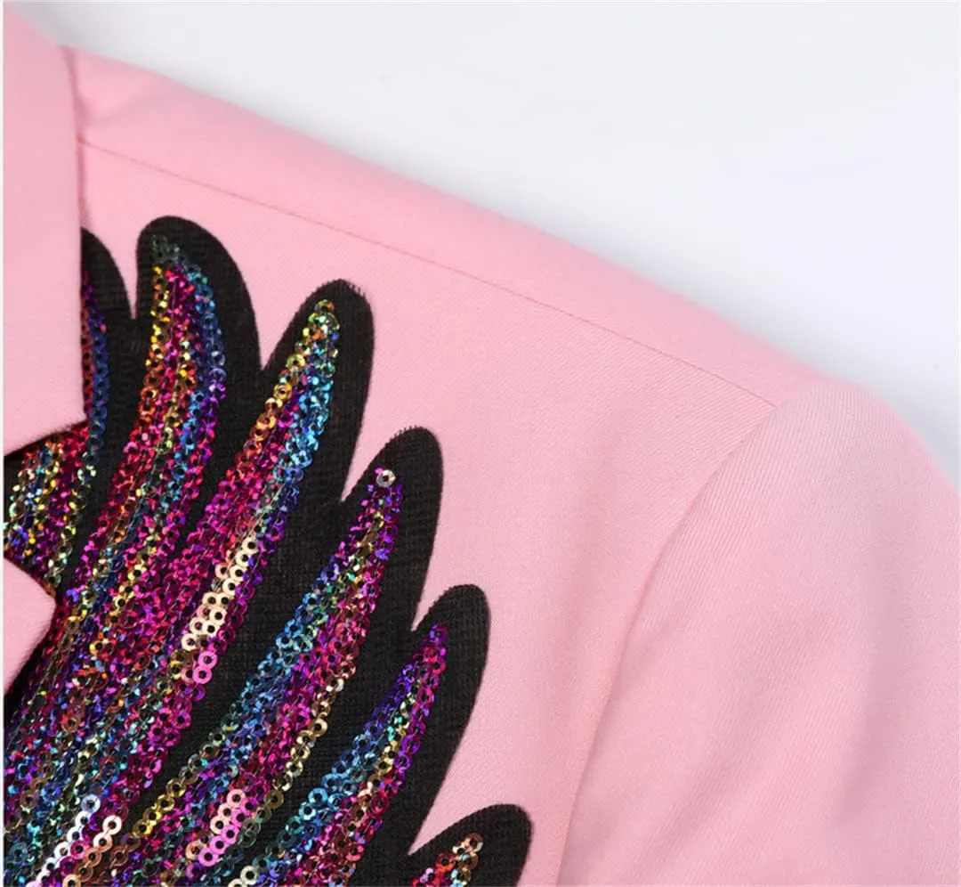 Mens Pink Wing Sequin Tuxedo Blazer Jacket One Button Shawl Collar Slim Fit Suit Blazer