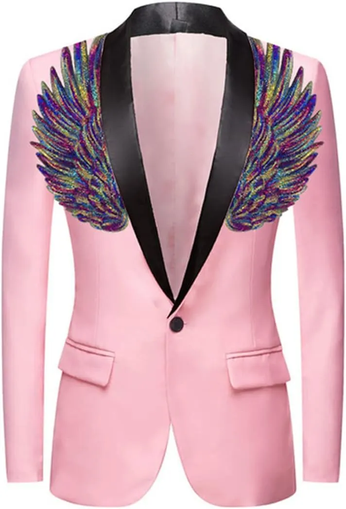 Mens Pink Wing Sequin Tuxedo Blazer Jacket One Button Shawl Collar Slim Fit Suit Blazer