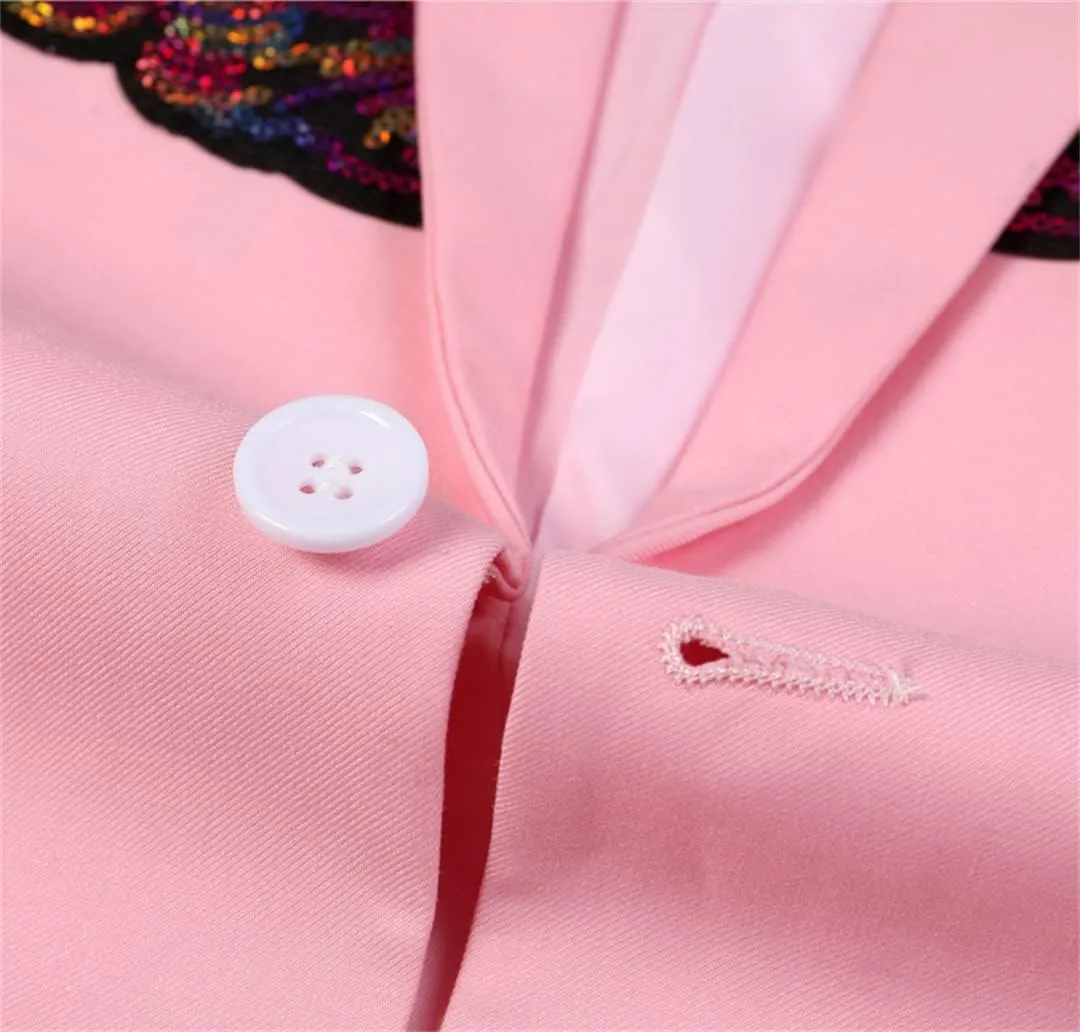 Mens Pink Wing Sequin Tuxedo Blazer Jacket One Button Shawl Collar Slim Fit Suit Blazer