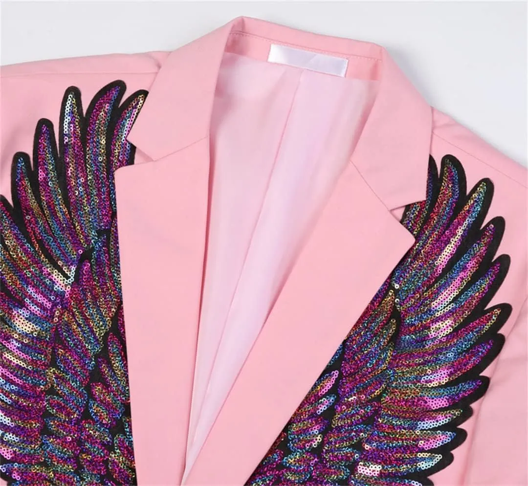 Mens Pink Wing Sequin Tuxedo Blazer Jacket One Button Shawl Collar Slim Fit Suit Blazer