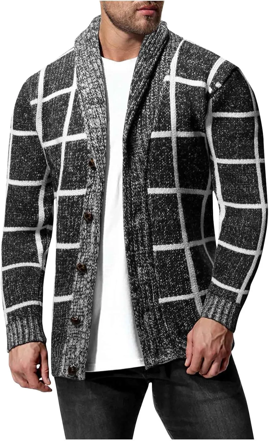 Mens Plaid Cardigan Sweater Button Down Knit Cardigan Casual Open Front Cardigan Shawl Collar Cardigan