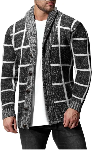 Mens Plaid Cardigan Sweater Button Down Knit Cardigan Casual Open Front Cardigan Shawl Collar Cardigan