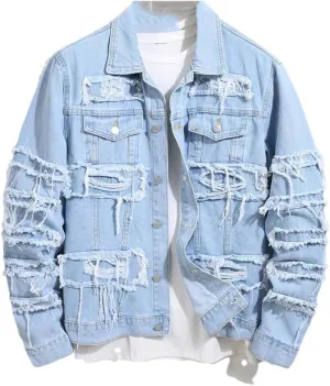 Men's Ripped Layered Motorcycle Jacket, Stitching Single-Breasted Slim-Fit Denim Jacket