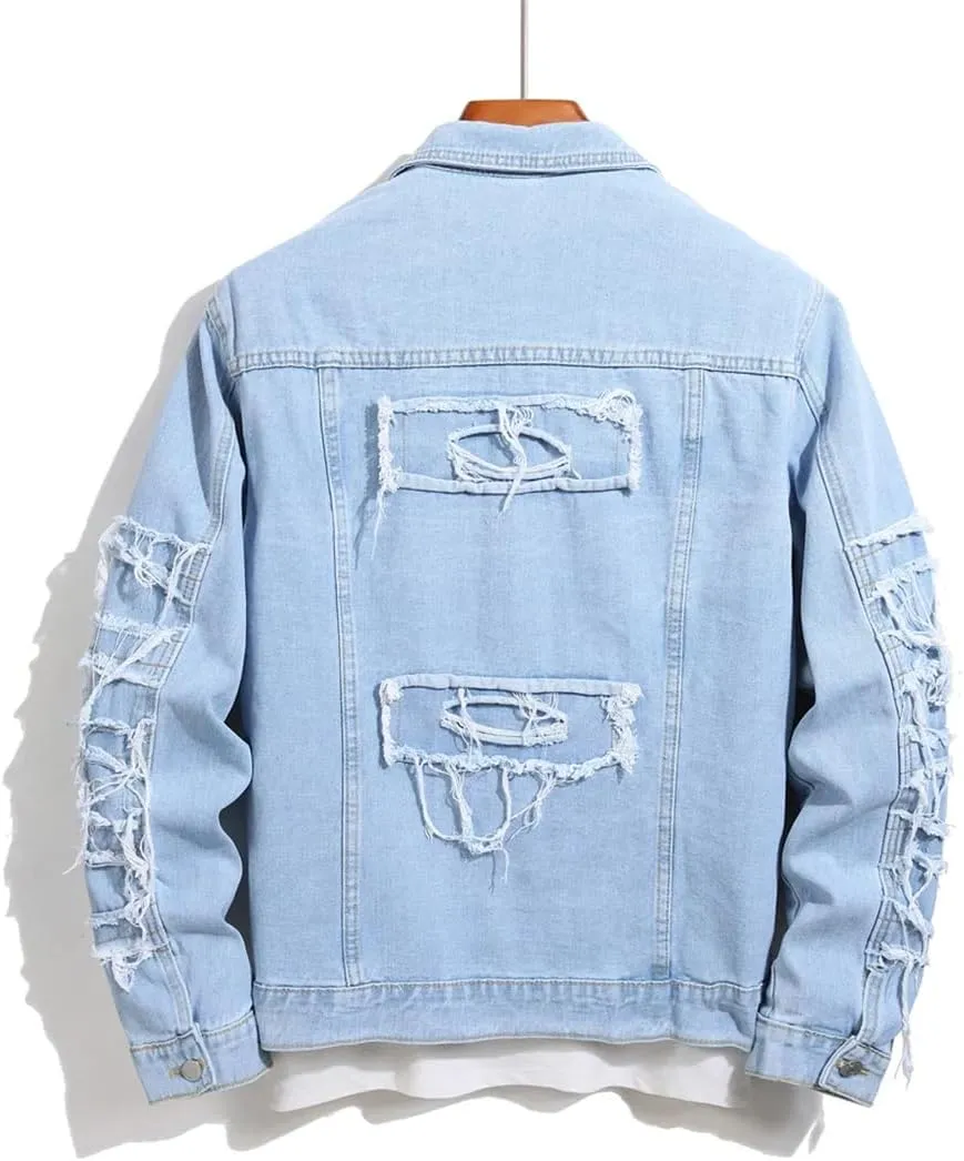 Men's Ripped Layered Motorcycle Jacket, Stitching Single-Breasted Slim-Fit Denim Jacket