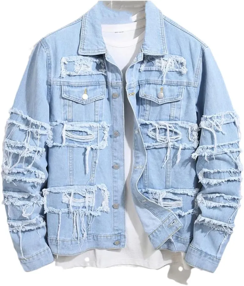 Men's Ripped Layered Motorcycle Jacket, Stitching Single-Breasted Slim-Fit Denim Jacket