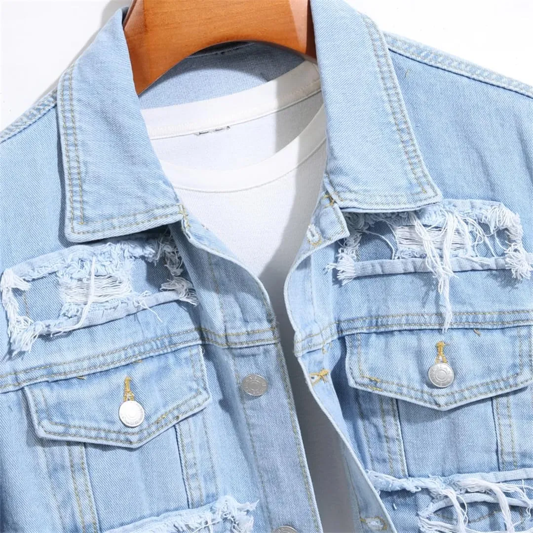 Men's Ripped Layered Motorcycle Jacket, Stitching Single-Breasted Slim-Fit Denim Jacket
