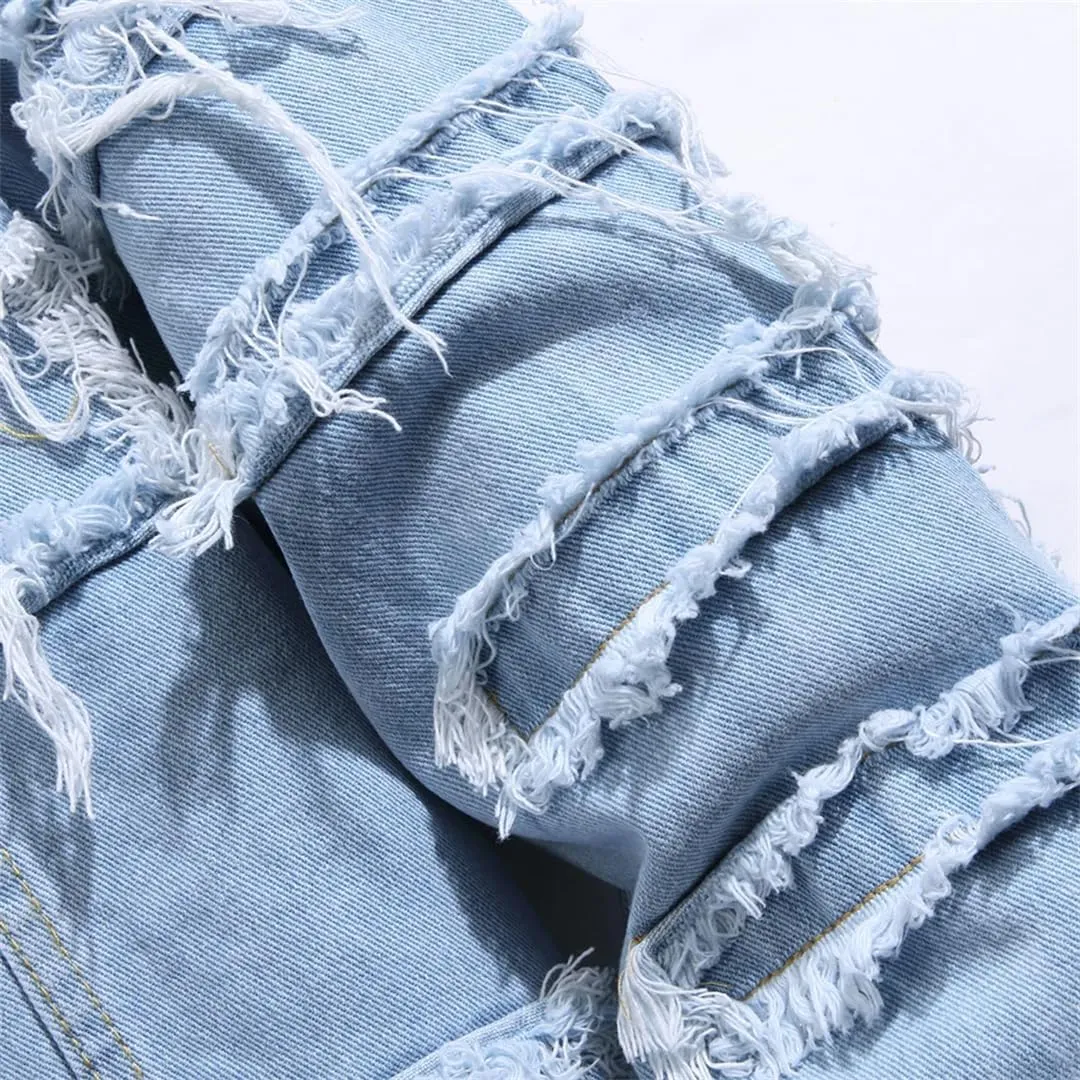 Men's Ripped Layered Motorcycle Jacket, Stitching Single-Breasted Slim-Fit Denim Jacket