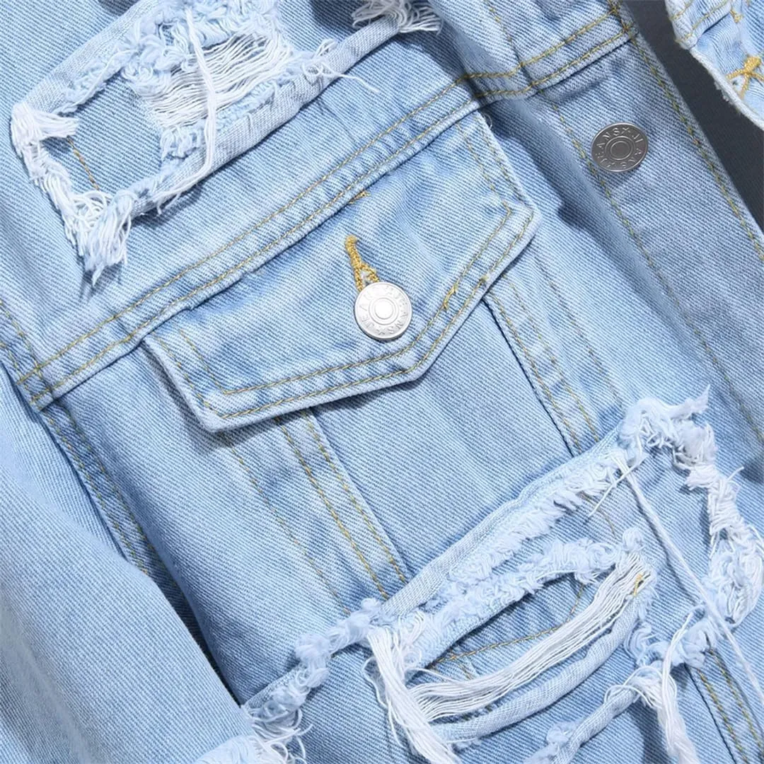 Men's Ripped Layered Motorcycle Jacket, Stitching Single-Breasted Slim-Fit Denim Jacket
