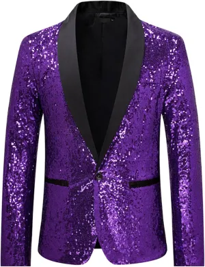 Men's Sequins Suit Jacket Slim Fit Shawl Lapel Blazer Sport Coats 1 Button Tuxedo Jackets for Prom Party Dinner