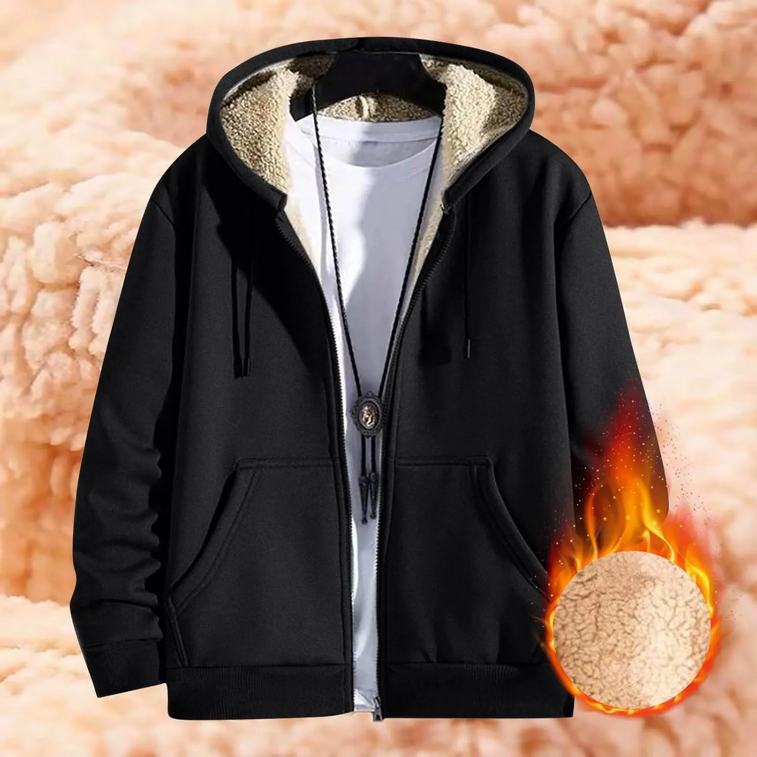 Mens Sherpa Lined Hoodie Full-Zip Thick Casual Sweatshirt Heavyweight Thermal Winter Hooded