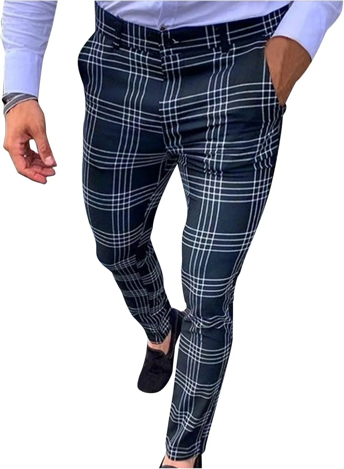 Men's Slim Fit Plaid Pants Skinny Stretch Chinos Elastic Waist Tapered Pencil Trousers Casual Business Work Dress Pants Navy