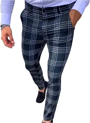 Men's Slim Fit Plaid Pants Skinny Stretch Chinos Elastic Waist Tapered Pencil Trousers Casual Business Work Dress Pants Navy