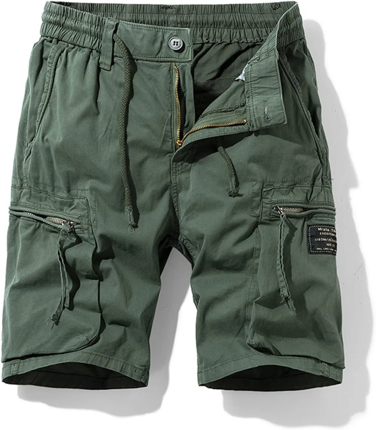 Mens Stretch Shorts Classic Fit Cotton Drawstring Multi Pockets Solid Cargo Shorts Fashion Work Tooling Shorts