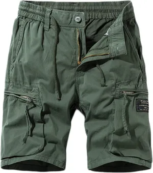 Mens Stretch Shorts Classic Fit Cotton Drawstring Multi Pockets Solid Cargo Shorts Fashion Work Tooling Shorts