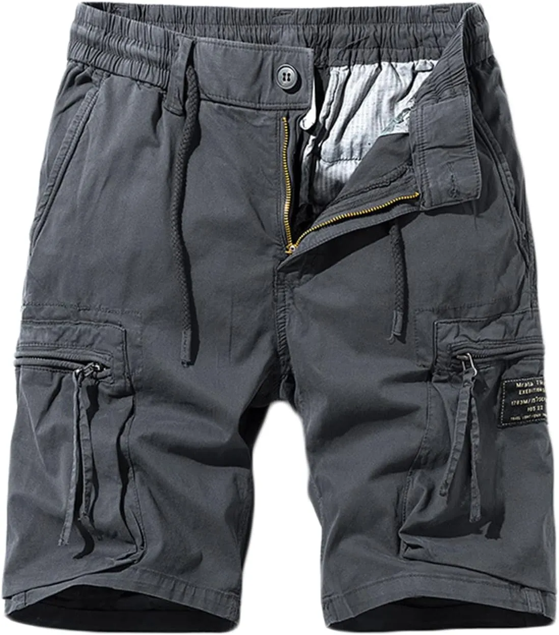 Mens Stretch Shorts Classic Fit Cotton Drawstring Multi Pockets Solid Cargo Shorts Fashion Work Tooling Shorts