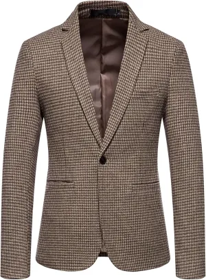 Mens Tweed Blazer Vintage Classic Fit Wool Blend Blazers One Button Sport Coat Notch Lapel Business Jackets Suit