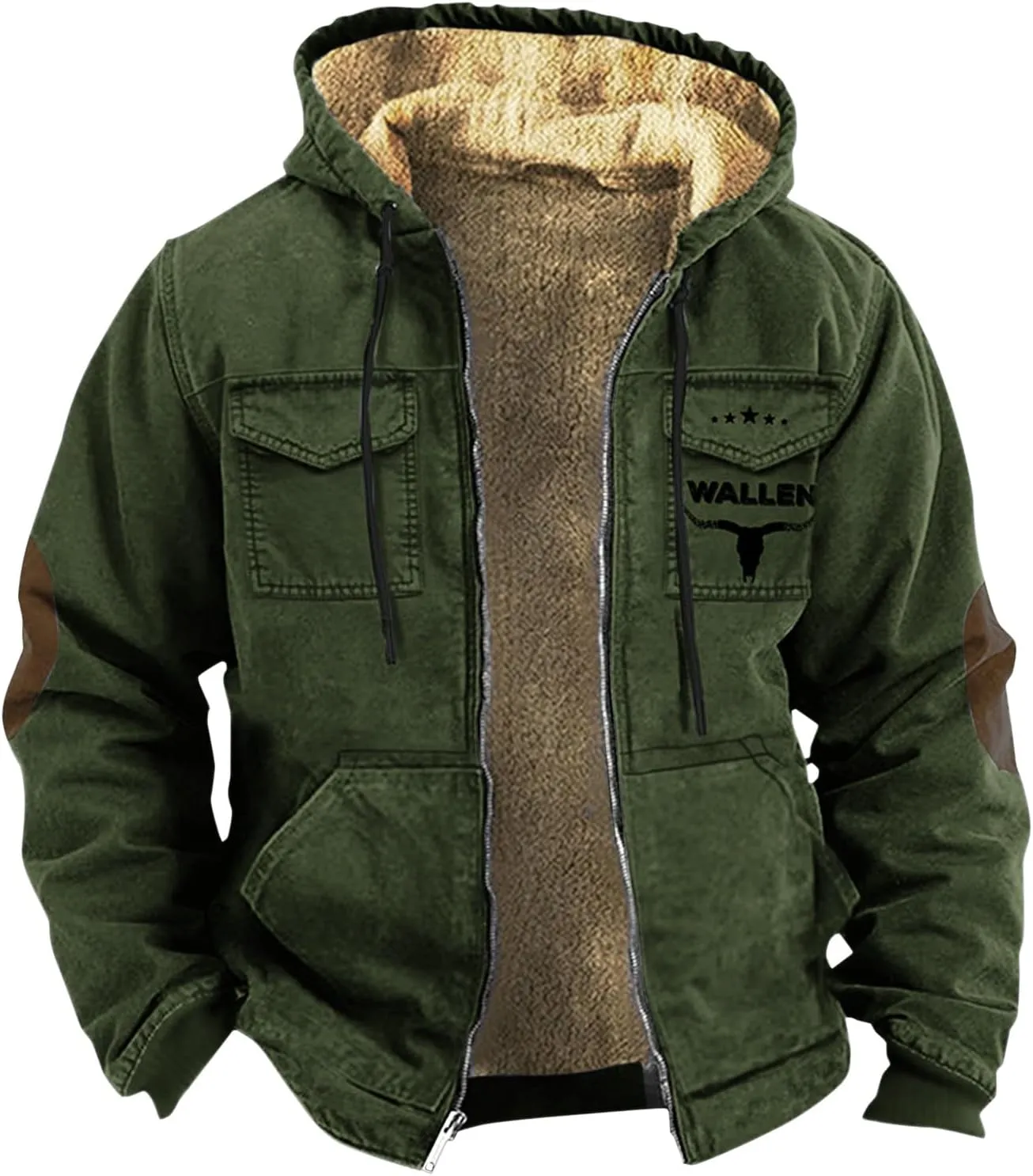 Men'S Winter Coats Plus Thickened Pocket Western Cowboy Printed Hooded Warm Cotton Jacket Fleece Sherpa Lineed
