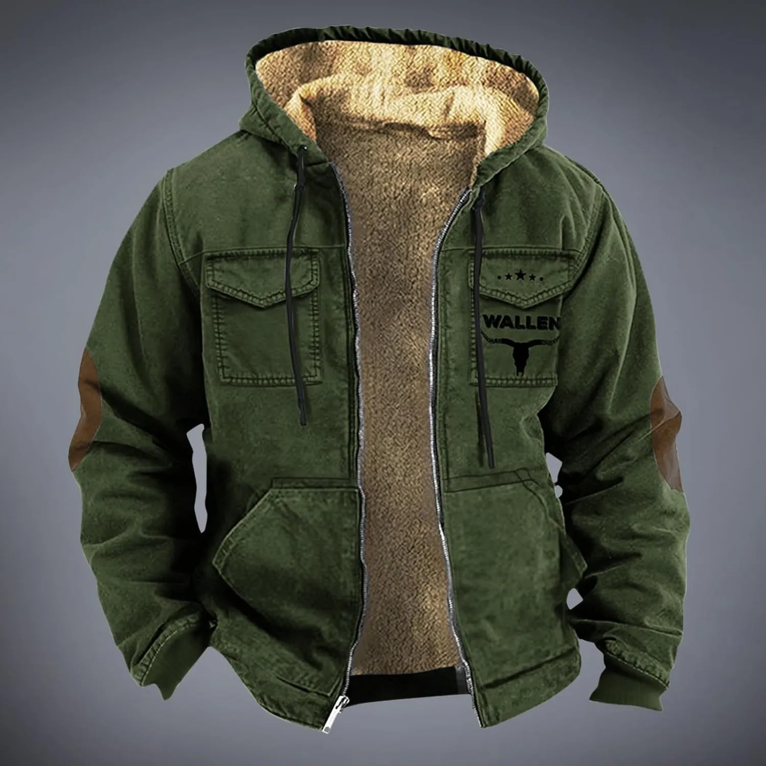 Men'S Winter Coats Plus Thickened Pocket Western Cowboy Printed Hooded Warm Cotton Jacket Fleece Sherpa Lineed