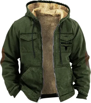 Men'S Winter Coats Plus Thickened Pocket Western Cowboy Printed Hooded Warm Cotton Jacket Fleece Sherpa Lineed