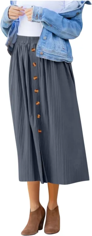 Midi Skirt for Women Summer Vintage Stretch High Waist Button Front A-Line Skirts Casual Solid Flowy Pleated Skirt