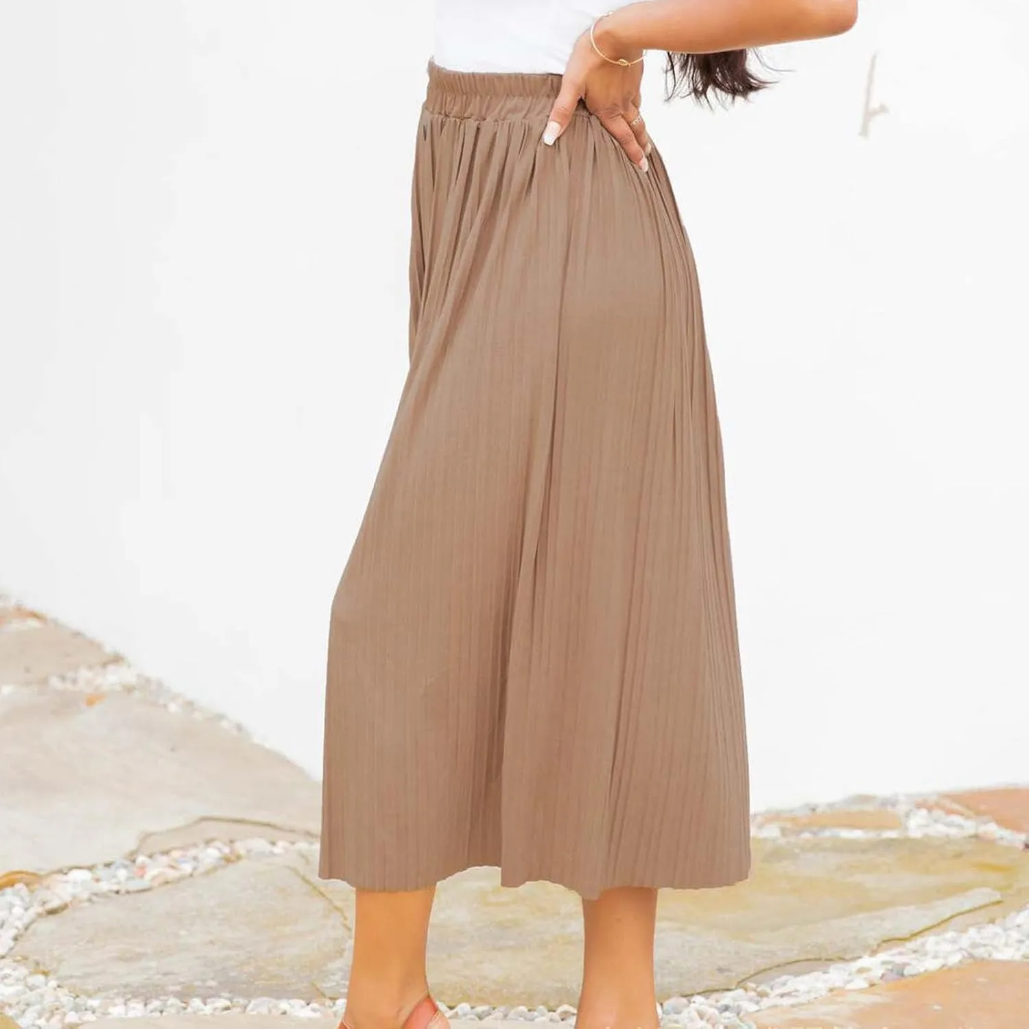 Midi Skirt for Women Summer Vintage Stretch High Waist Button Front A-Line Skirts Casual Solid Flowy Pleated Skirt