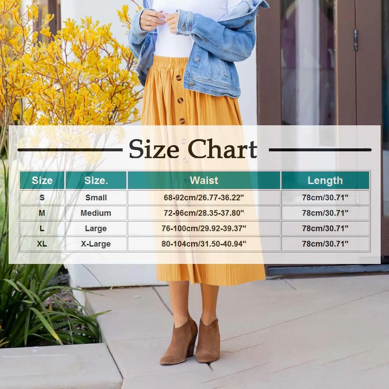 Midi Skirt for Women Summer Vintage Stretch High Waist Button Front A-Line Skirts Casual Solid Flowy Pleated Skirt
