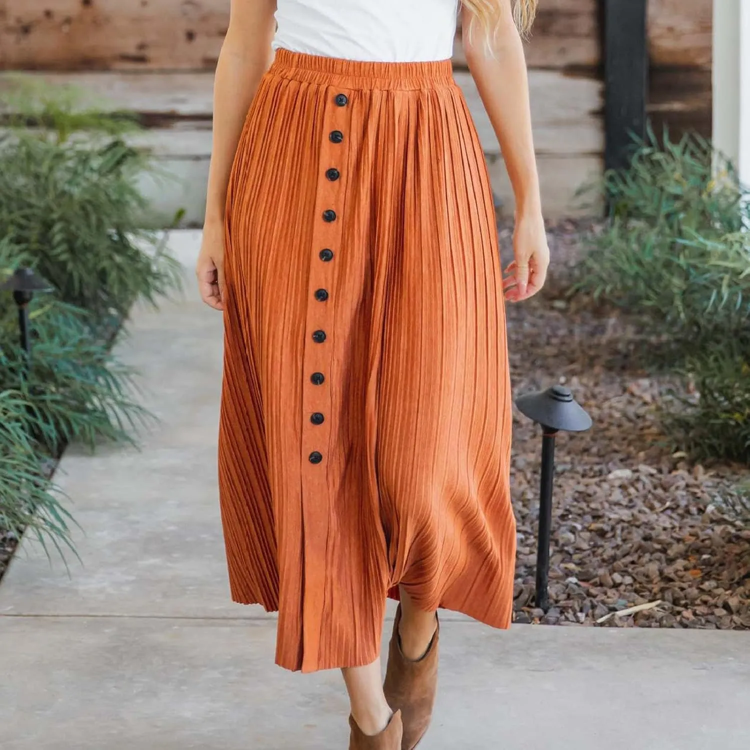 Midi Skirt for Women Summer Vintage Stretch High Waist Button Front A-Line Skirts Casual Solid Flowy Pleated Skirt