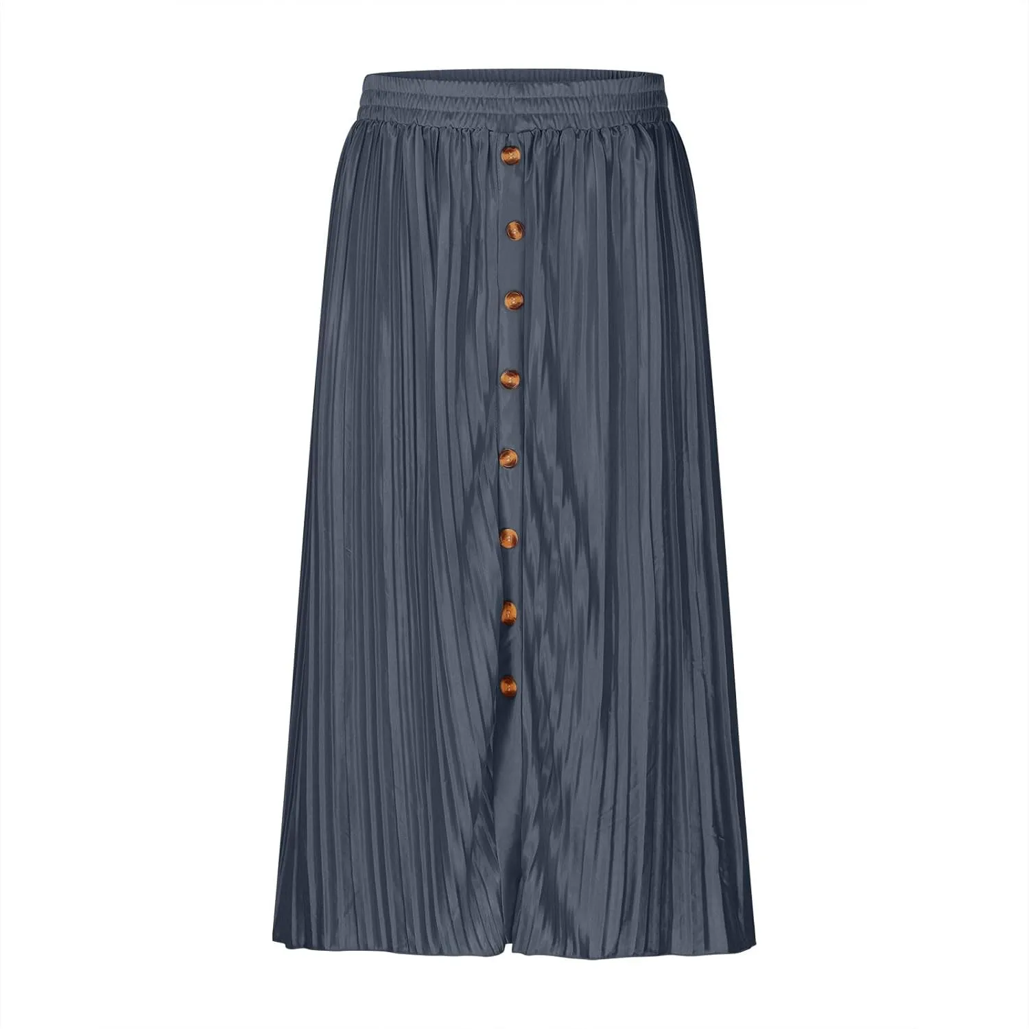 Midi Skirt for Women Summer Vintage Stretch High Waist Button Front A-Line Skirts Casual Solid Flowy Pleated Skirt
