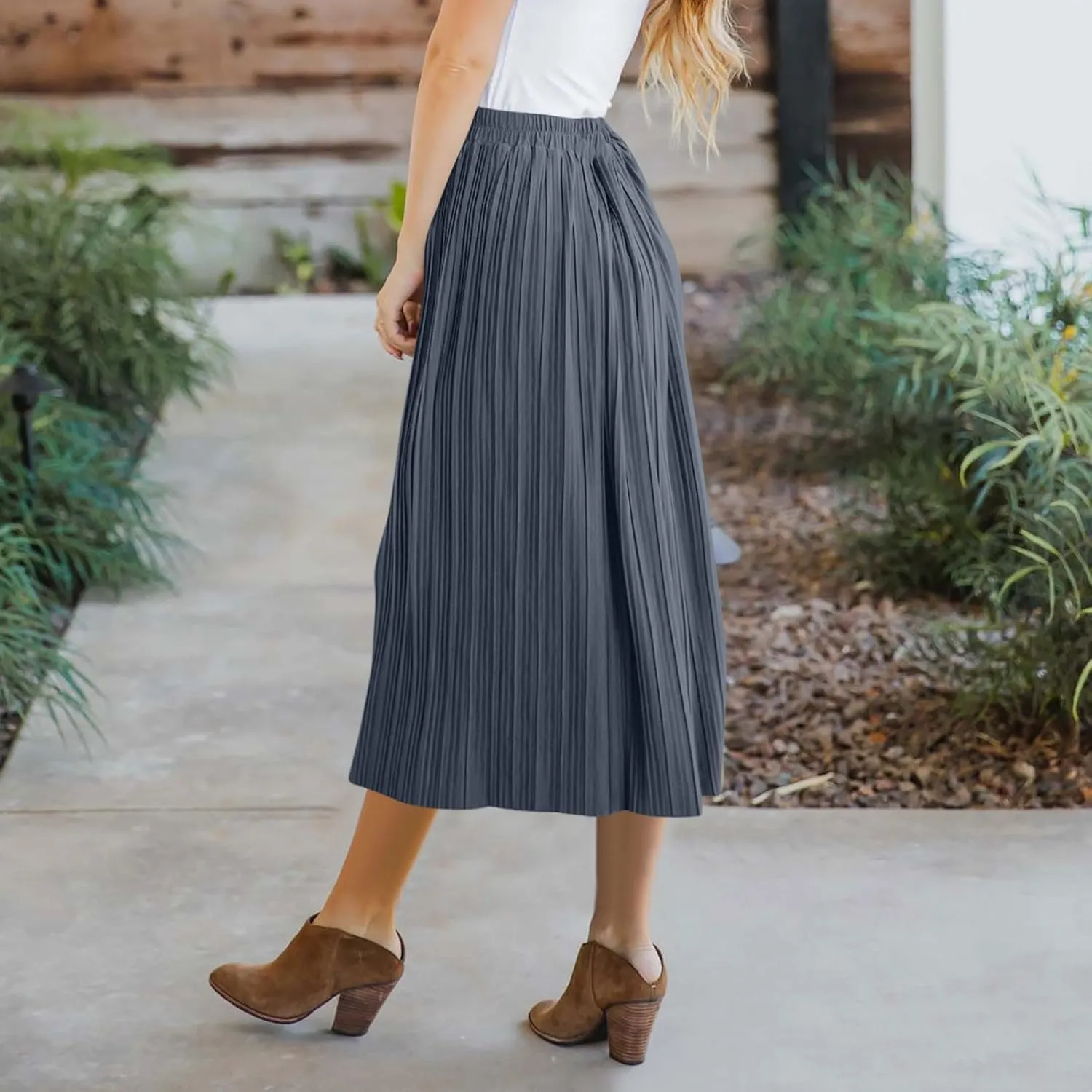 Midi Skirt for Women Summer Vintage Stretch High Waist Button Front A-Line Skirts Casual Solid Flowy Pleated Skirt
