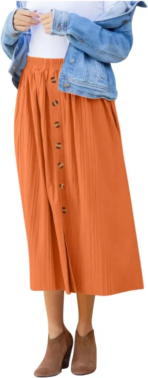 Midi Skirt for Women Summer Vintage Stretch High Waist Button Front A-Line Skirts Casual Solid Flowy Pleated Skirt